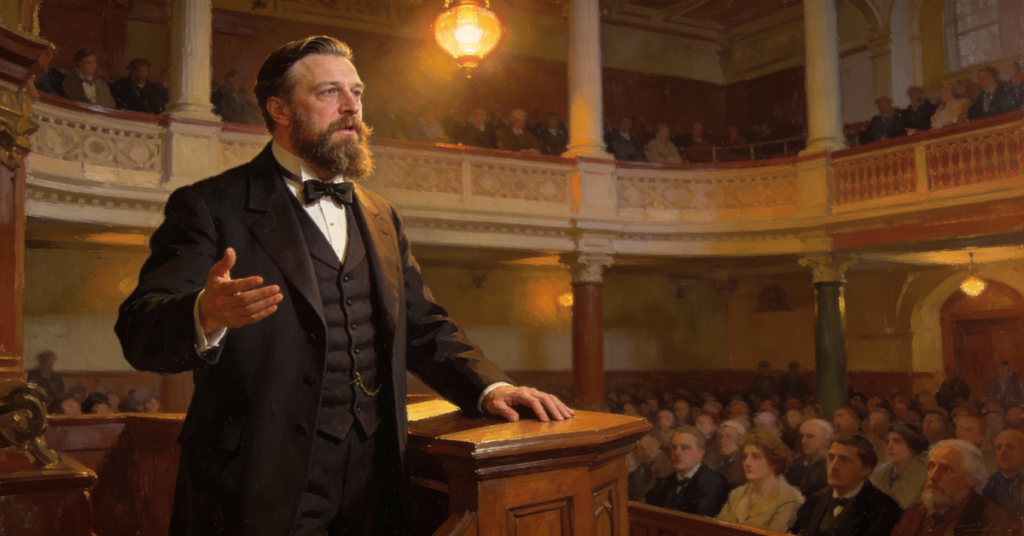 Charles H. Spurgeon (1834–1892) – angielski pastor baptystyczny i wybitny kaznodzieja epoki wiktoriańskiej, związany z Metropolitan Tabernacle w Londynie, autor licznych kazań i komentarzy; przedstawiony jako protestancki duchowny XIX wieku.