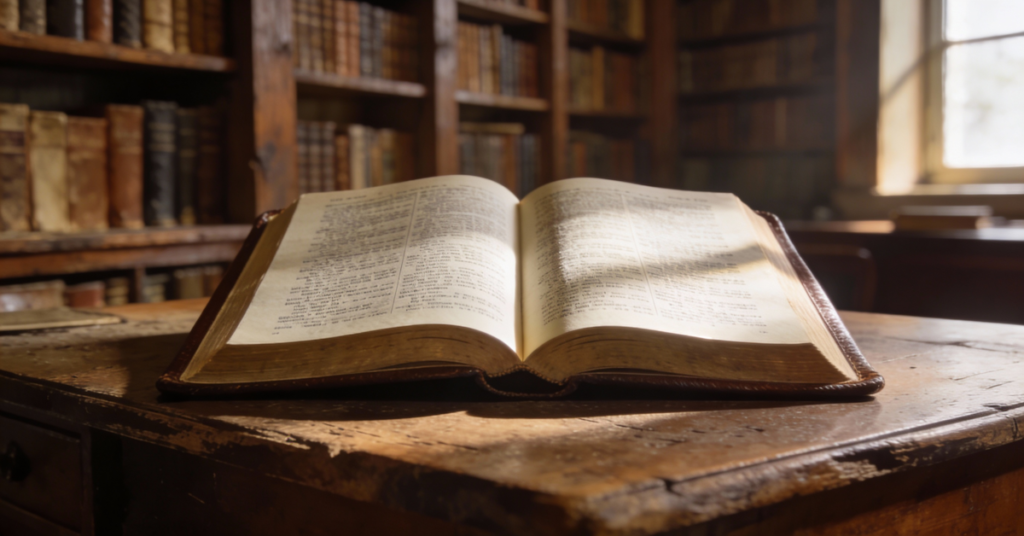 Biblia – otwarta księga Pisma Świętego z widocznym tekstem na stronach, symbol wiary chrześcijańskiej i autorytetu Słowa Bożego w tradycji protestanckiej.