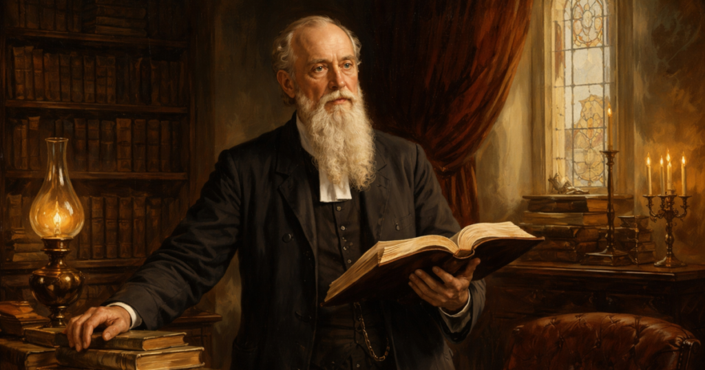 J. C. Ryle (1816–1900) – angielski duchowny anglikański, pierwszy biskup Liverpoolu, znany z prostych i stanowczych książek o świętości oraz praktycznym chrześcijaństwie; przedstawiony jako protestancki pastor i kaznodzieja XIX wieku.